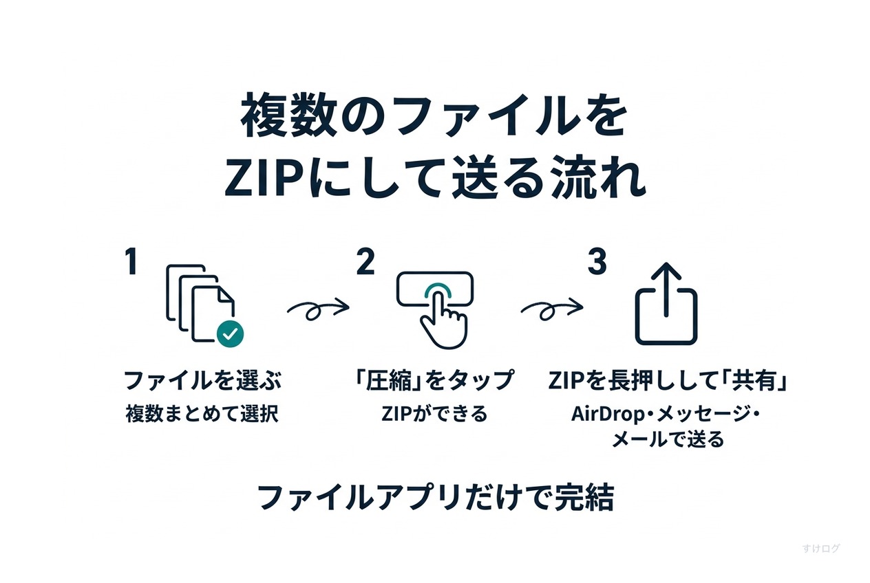 説明図。送りたいファイルを選ぶ、圧縮をタップする、ZIPを長押しして共有をタップし、AirDrop、メッセージ、メールなどで送る、という3段階の流れ。
