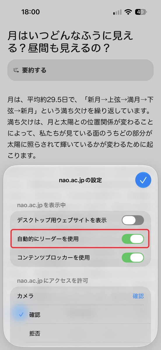 Safariの自動的にリーダーを使用（オン）を赤枠で示した画面