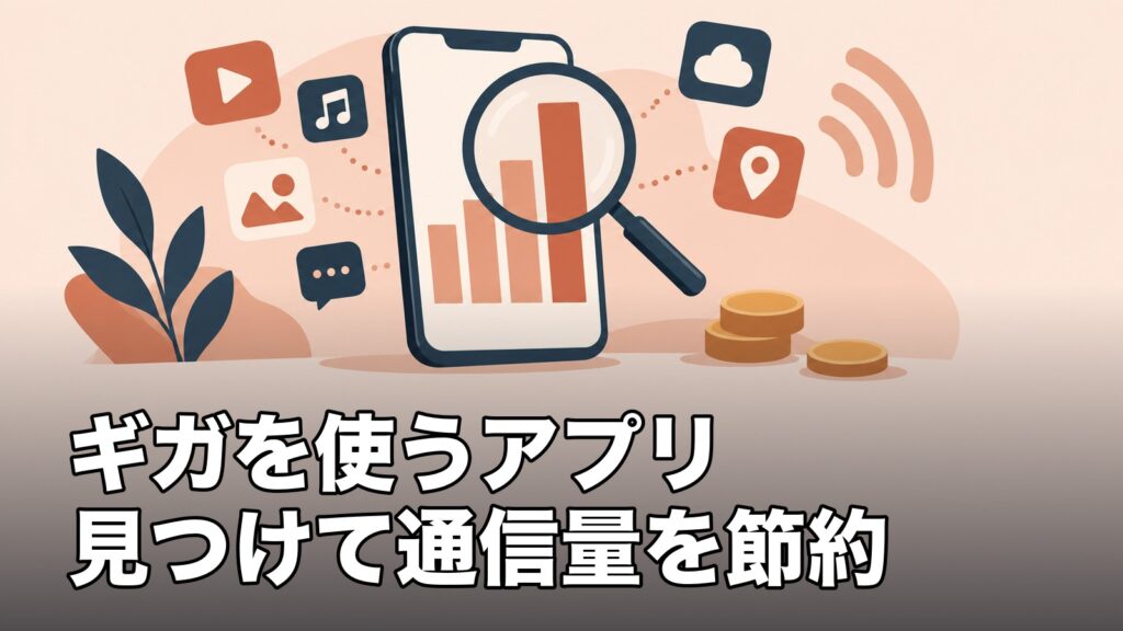 ギガを使うアプリ見つけて通信量を節約を表すイラスト
